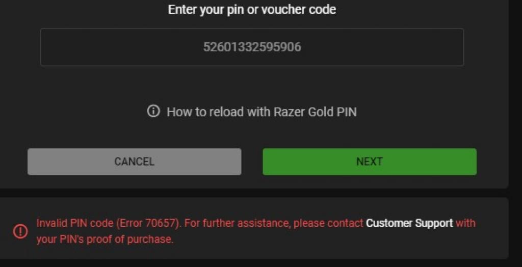 Razer Gold gift card invalid code error 