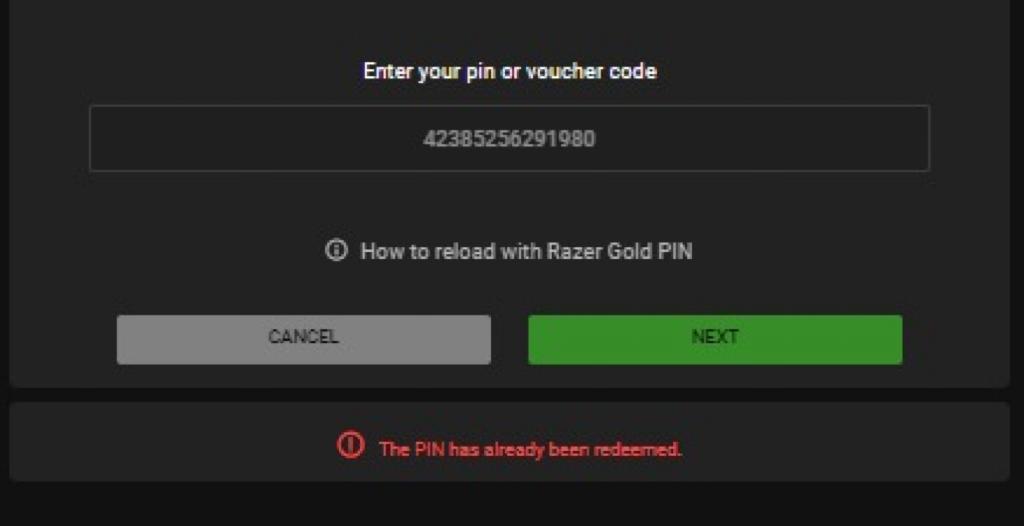 Already redeemed Razer Gold gift card error message