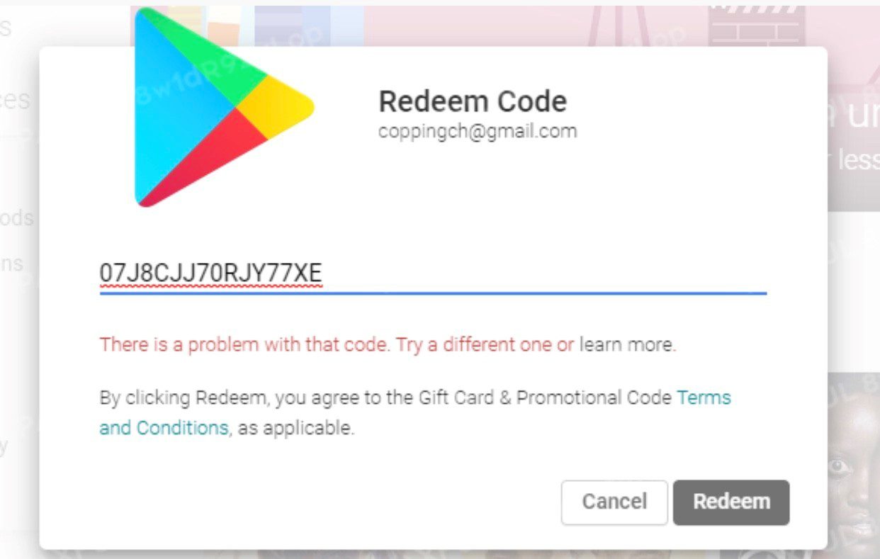Already used Google Play gift card code error